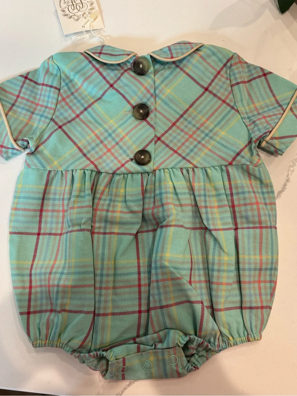 The Beaufort Bonnet Company Plaid Bubble Romper in Aqua, Yellow & Pink